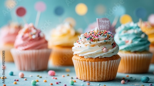 Delicious cupcakes with colorful frosting and sprinkles on a light blue surface