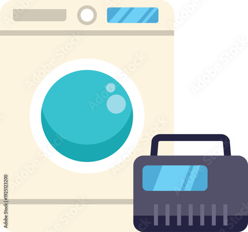 Flat style illustration showing a washing machine beside a small portable radio