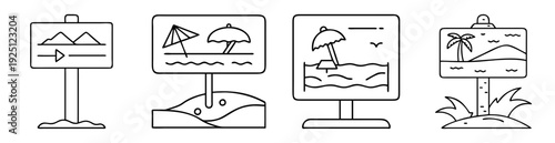 Four different directional signs pointing towards various scenic locations illustrated in black and white