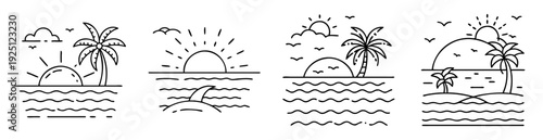 Minimalist line art collection of tropical beach scenes with sunset and palm trees