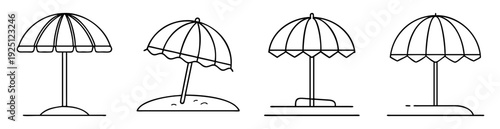 Black and white outlines of four variations of beach umbrellas icons