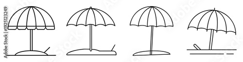 Four beach umbrellas in different styles, vector black and white illustration