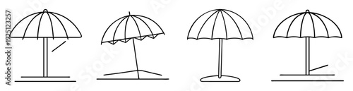 Four different styles of beach umbrellas in a simple black outline