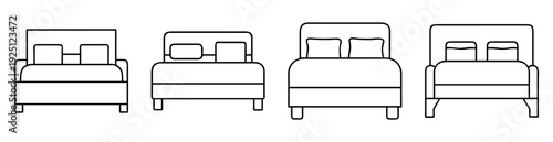 Different styles of beds with pillows in a black and white outline