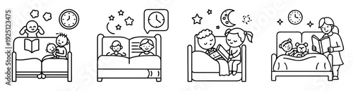 Bedtime routine scenes depicting children reading books and sleeping peacefully
