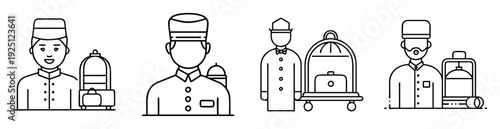 Line art illustration of hotel staff with luggage and bellhop carts