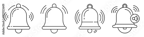 Four minimalist ringing bell notification icons in black and white illustration