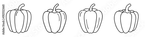 Four stylized bell peppers in simple black outline against a white background