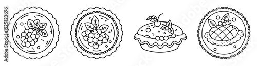 Illustration of four sweet dessert pies, decorated with fruit and leaves
