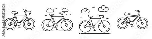 Outlined minimalist bicycles in various styles under cute cloud scenery