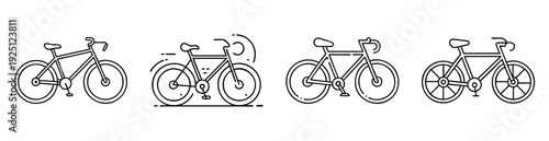Vector line art illustration of diverse bicycle types set in black