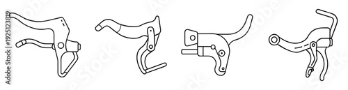 Four different bicycle brake levers in black and white outline drawings