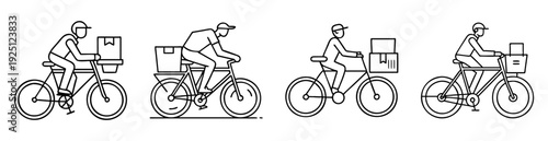 Four bicycle delivery couriers with packages in a line art style