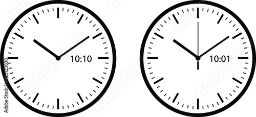 Analog wall clock set showing different times minimal watch dial icons isolated vector illustration for time management concept