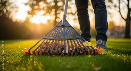 Low Angle View of Raking Autumn Leaves on a Green Lawn During Sunset Golden Hour