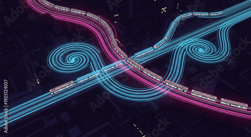 Aerial view of a futuristic subway: the carriages are light sources that emit neon beams, creating spiraling luminous trails and undulating movement patterns — vector illustration, night contrast.