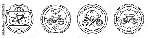Set of black and white line art bicycle badges and stickers