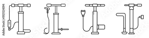 Minimalist line art depiction of a variety of bicycle floor pumps