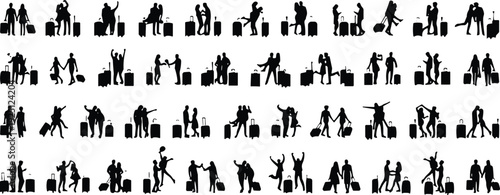 Collection of traveler silhouettes with luggage, airport departure and arrival scenes, vacation journey concept, tourism lifestyle, couples and families travel