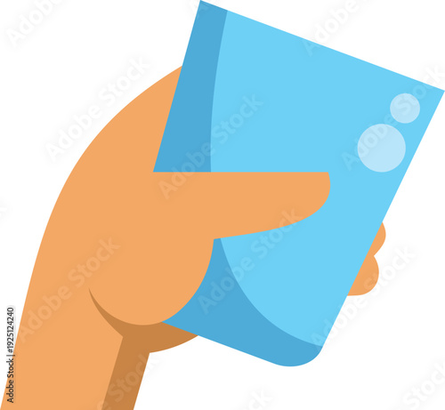 Illustration of a human hand holding a blue glass with clear refreshing water