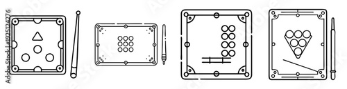 Simple line art illustrations of different pool table setups and equipment