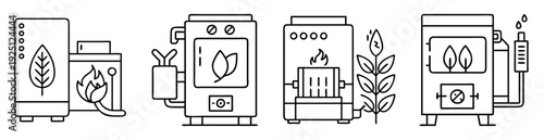 Vector illustration depicting a set of different biomass and pellet stoves