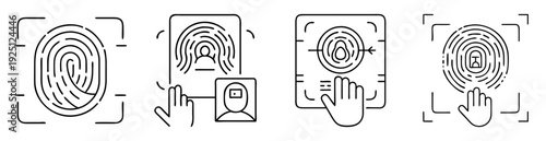 Simple line art illustrations depicting biometric authentication methods and security protocols