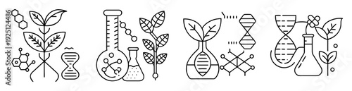 Black and white line art illustrations depicting plant science and biotechnology research