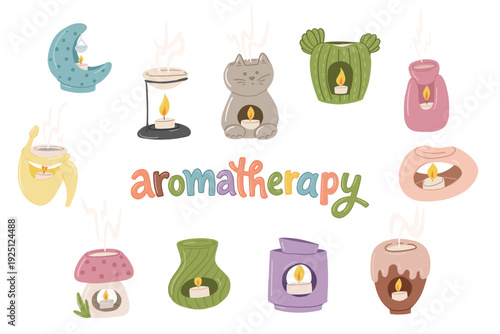 Aromatherapy oil lamps collection in colorful spa wellness style