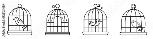 Four birdcages line art, each with a unique design and bird inside