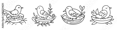 Four simplistic line art illustrations of birds perched in cozy nests