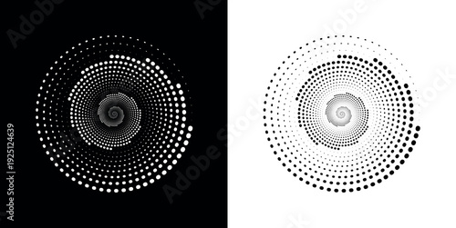 Geometric Circular Halftone Dots Swirl Design, Modern Logo Icon Frame in Black and White Contrast Vector
