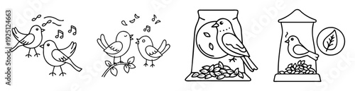 Linear illustration of birds in nature and at bird feeders, outlined drawing