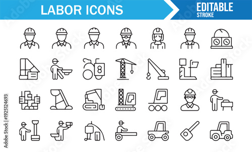 Editable Labor and Worker Line Icons Vector Collection