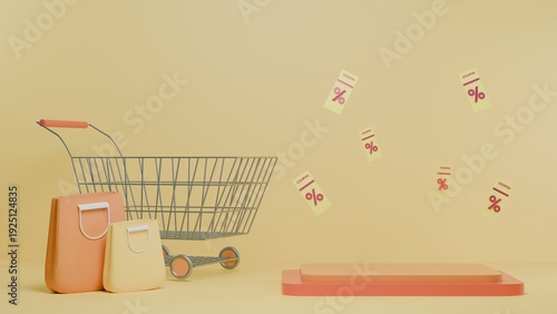 3D flash sale podium background with shopping cart, discount elements, and pastel colors for promotional campaign