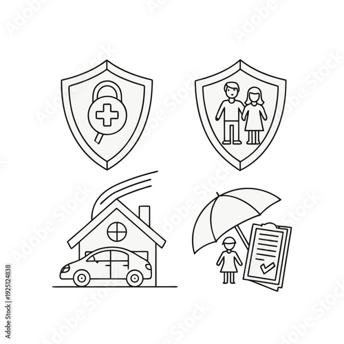 a set of black and white line art icons depicting various insurance and protection concepts. 