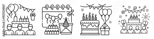 Various birthday celebration elements illustrated in black and white line drawings