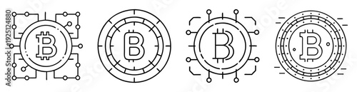 Set of Bitcoin icons, representing digital currency and blockchain technology, line art