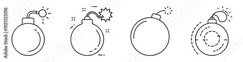A collection of four different bomb illustrations in black and white style