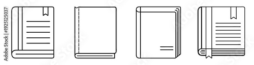 Four minimalist outline style illustrations depicting different book shapes and layouts