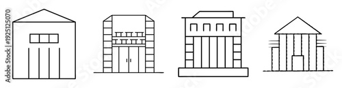 Line drawing featuring four distinct minimalist building facade representations in black and white