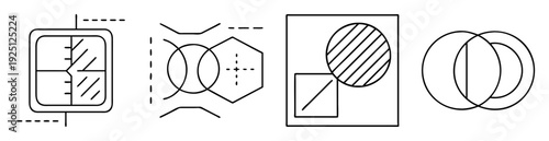 Geometric shapes arranged in an abstract composition with linear designs and intersecting elements