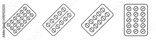 Black and white line art illustration of various blister packs of pills