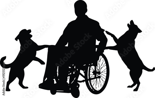 Silhouette of disabled man in wheelchair with dogs, assistance animals support concept, pet companionship, inclusivity lifestyle, inspiration and independence theme