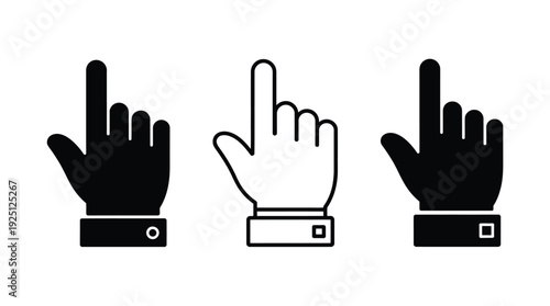 Cursor Icons, vector illustration of three unique pointer and click symbols, isolated on white background, perfect for UI elements, websites, apps, and interactive digital interface design.