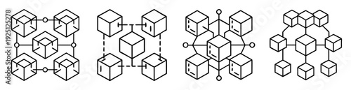Stylized abstract arrangements of linked cubes forming complex geometrical networks illustrations