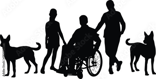 Silhouette of disabled man in wheelchair with family and dogs, support care concept, inclusive lifestyle, accessibility awareness, companionship and unity