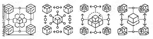 Abstract data flow diagrams illustrating interconnected cubes and hierarchical data organization