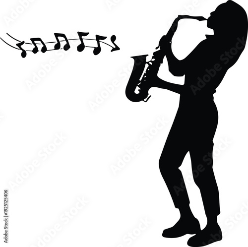 Silhouette of female saxophonist playing jazz music, live concert performance concept, musical notes illustration, artistic expression and entertainment theme
