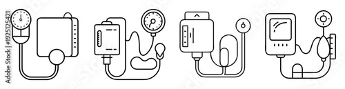 Illustrative line art depictions of four unique blood pressure measuring devices